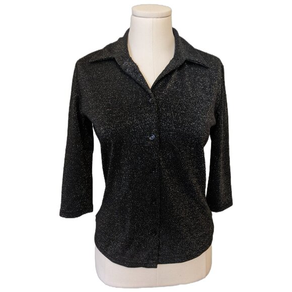 VINTAGE 90s Dyna Black Sparkle Knit Collared 3/4 Sleeve Top Party Glitter Sz M - Picture 2 of 7